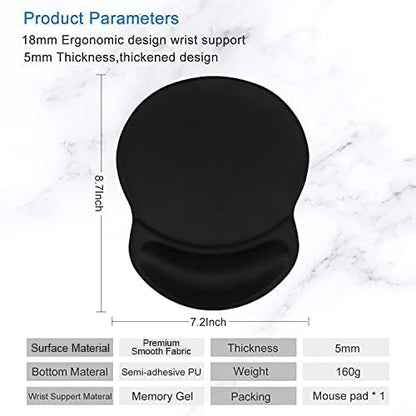 Ergonomic Mouse Pad with Gel Wrist Rest Support Gaming Small Wrist Rest Smooth Surface Non-Slip PU Base Comfortable Office Supplies Pain Relief, 8.7 X 7.2 Inches, Black